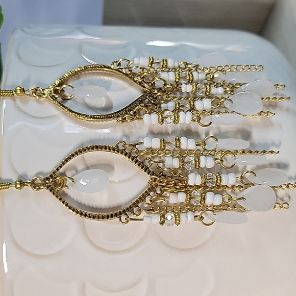 White Beaded Boho Dangle Earrings - Picture 6 of 6